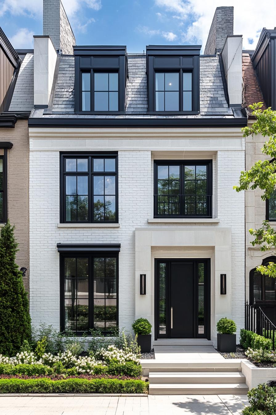 Elegant white brick townhouse with lush greenery