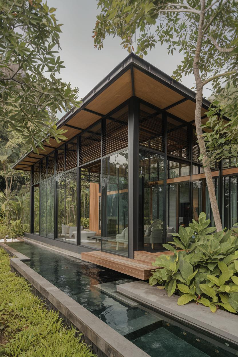 Glass villa with lush greenery and a reflective pool