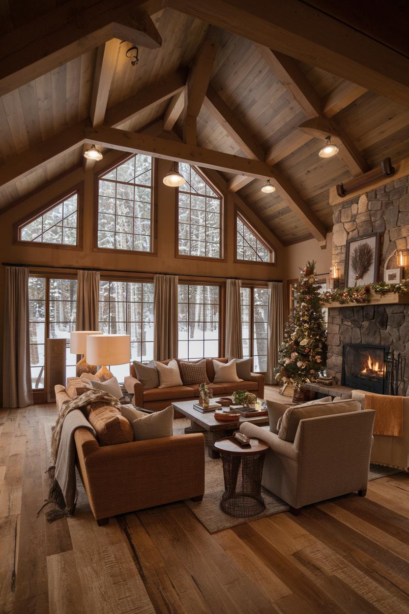 Cozy cabin living room with large windows, stone fireplace, and festive decor