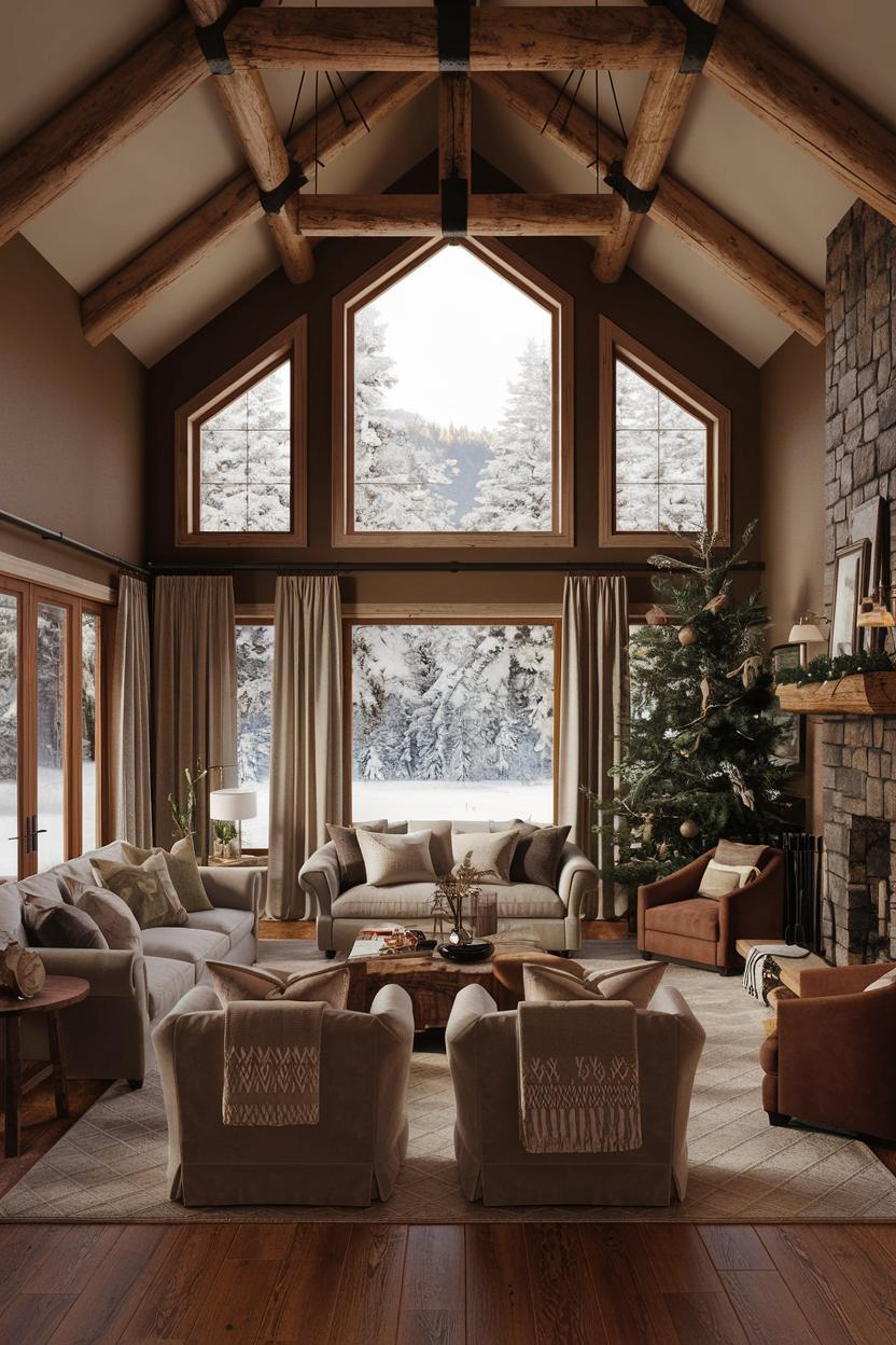 Cozy cabin interior with large windows