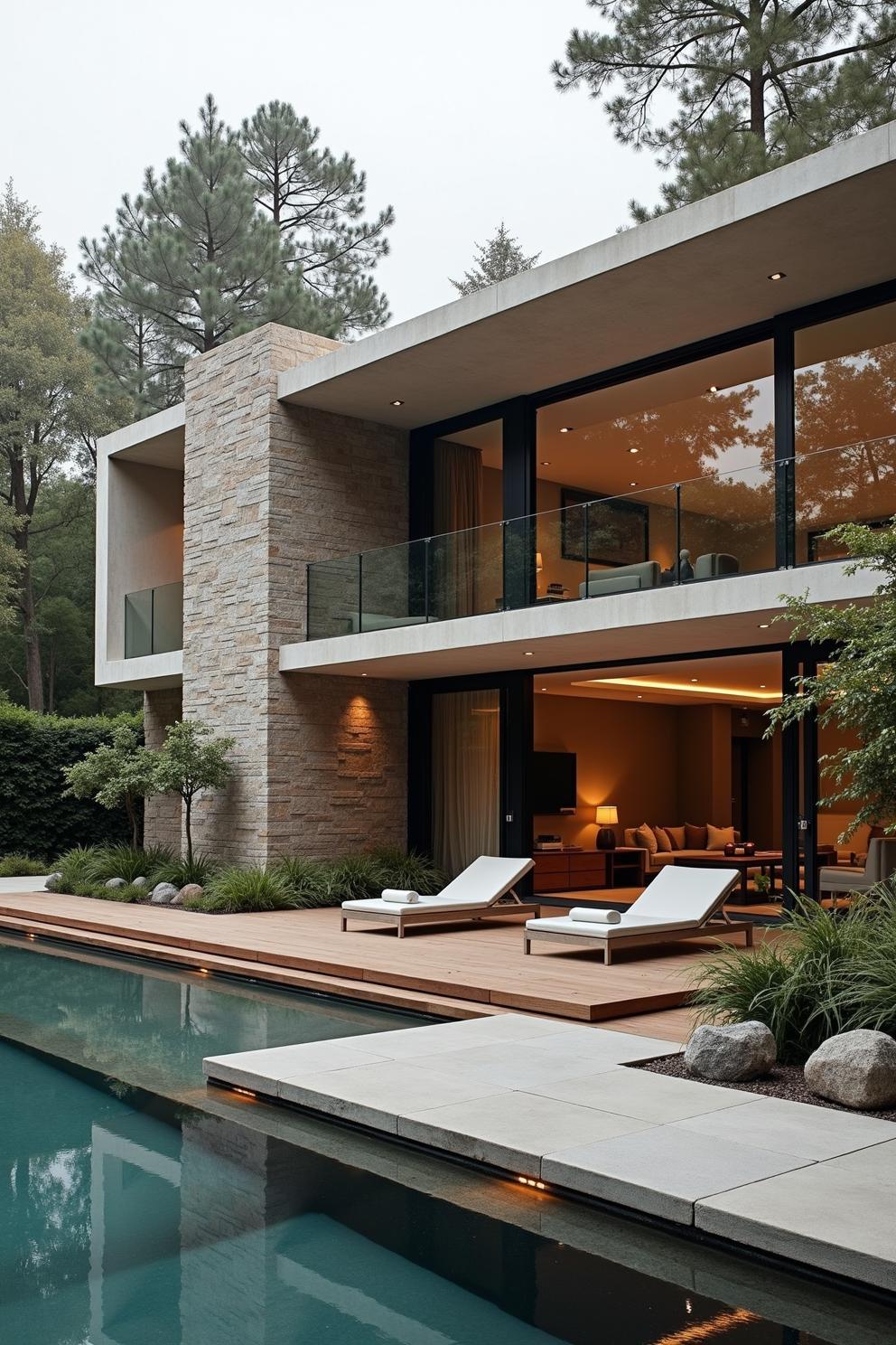 Modern home with large windows and pool