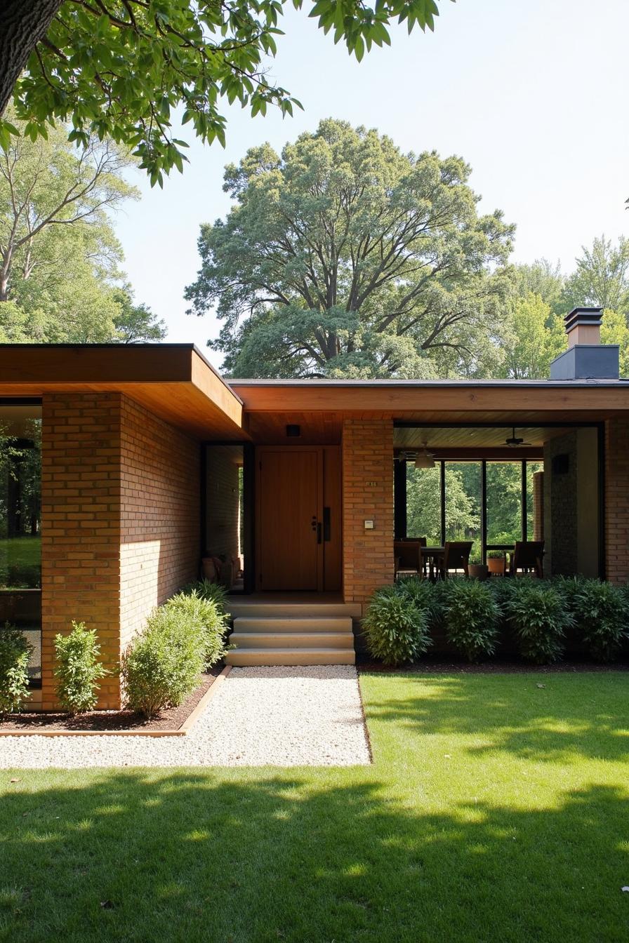 Classic mid-century ranch house with brick exterior and lush greenery