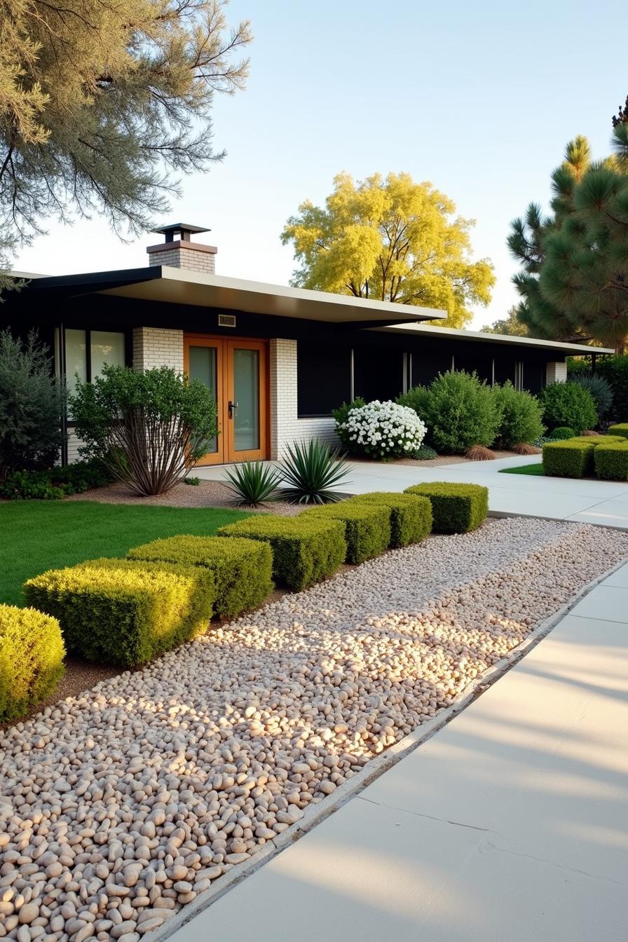 Modern mid-century ranch with brick detail and lush landscaping