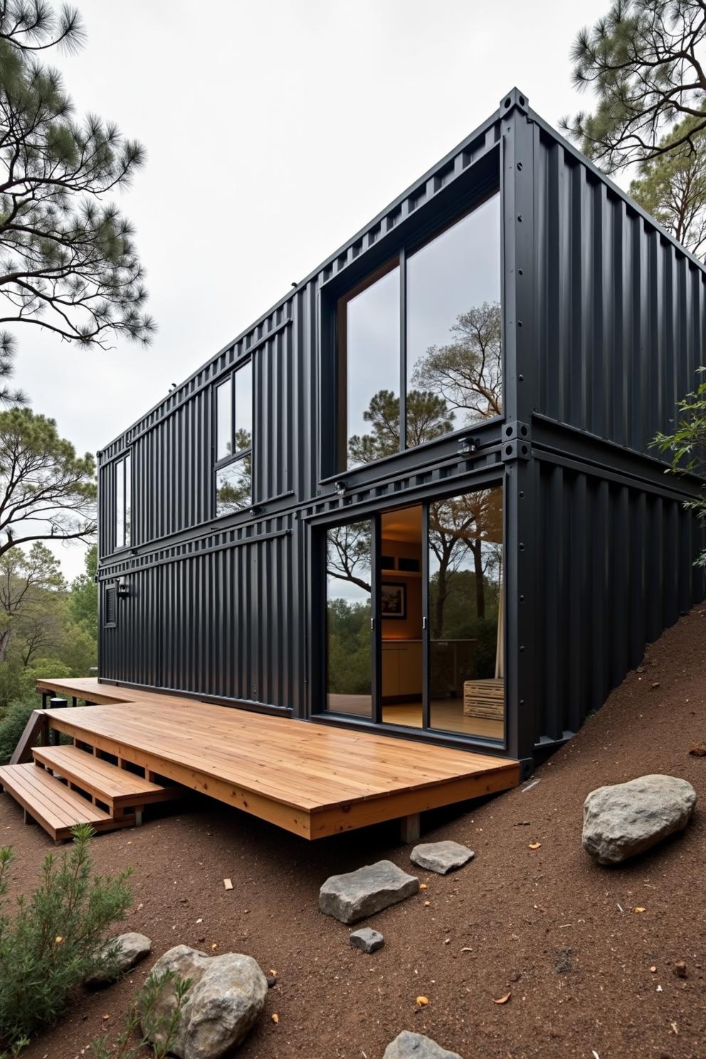 Modern container house with large windows and a wooden deck