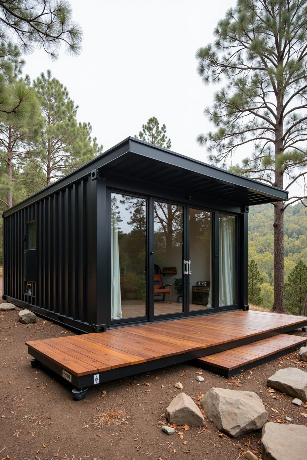 Small modern container home with wooden deck