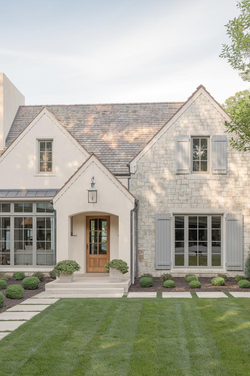 Charming stone house with wooden door and manicured lawn