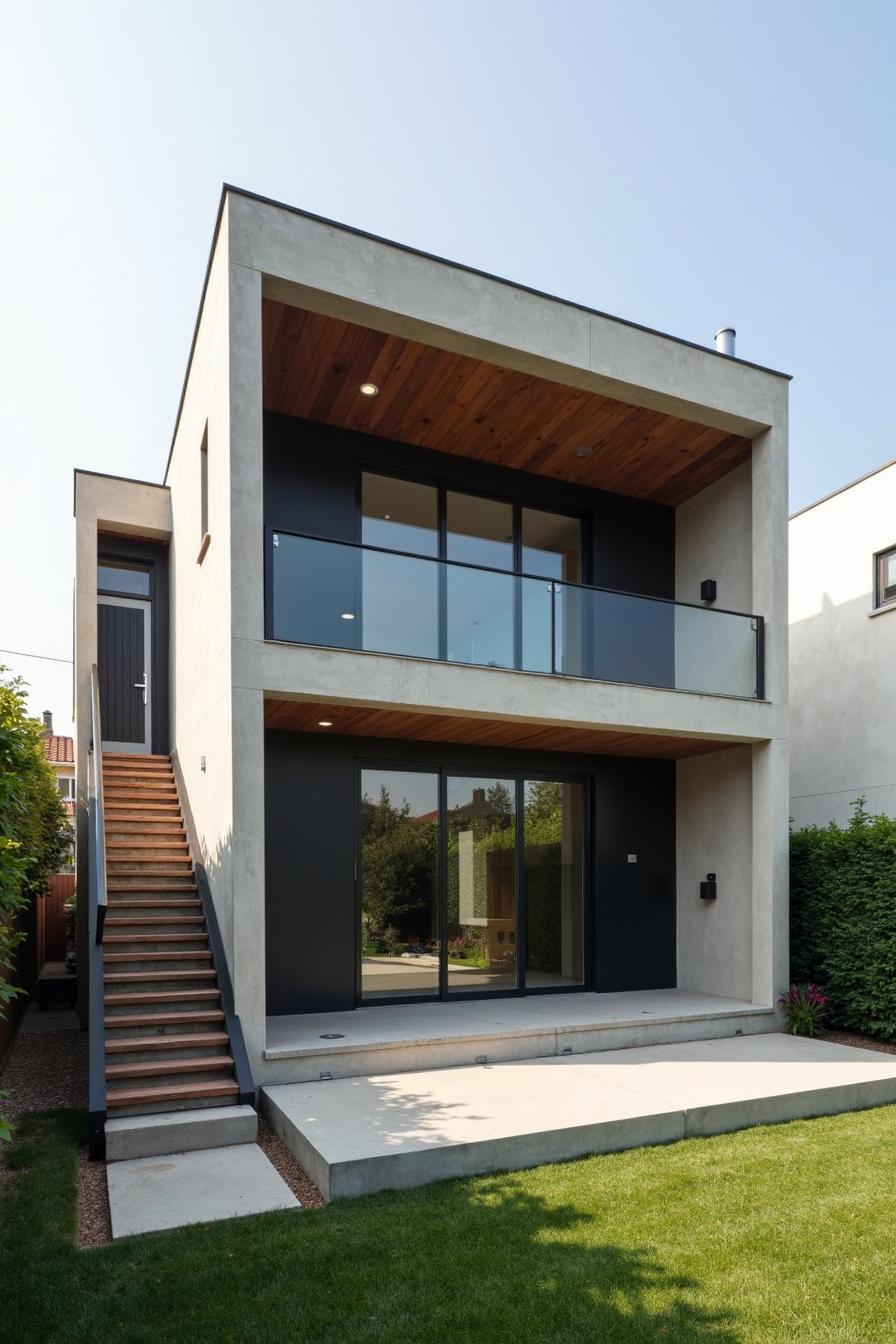 Modern two-story house with wooden and glass accents