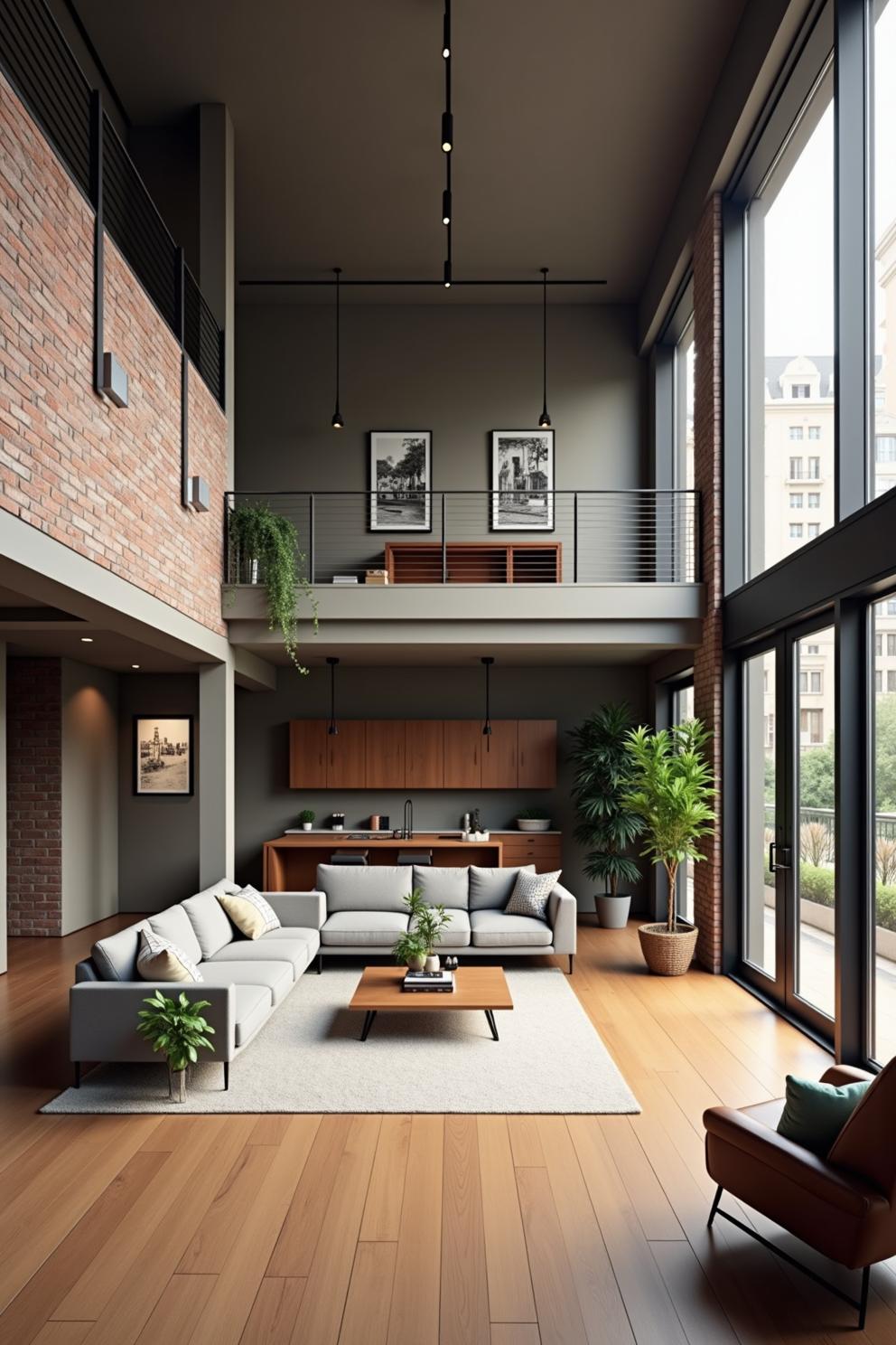 Open-concept loft with large windows and greenery