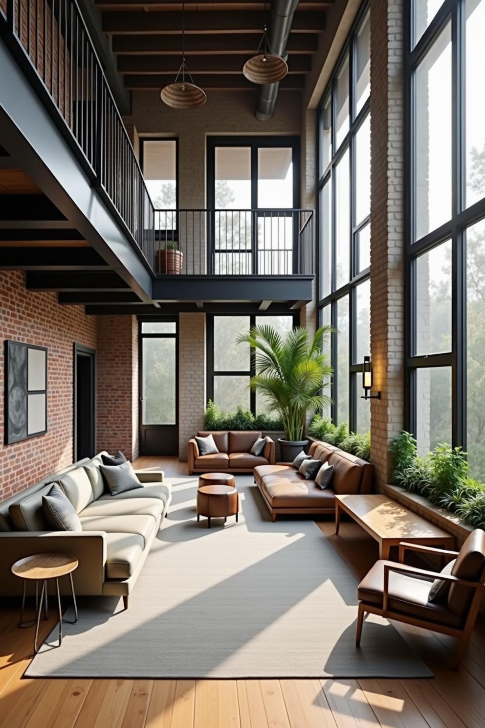 Modern loft living room with large windows and plants