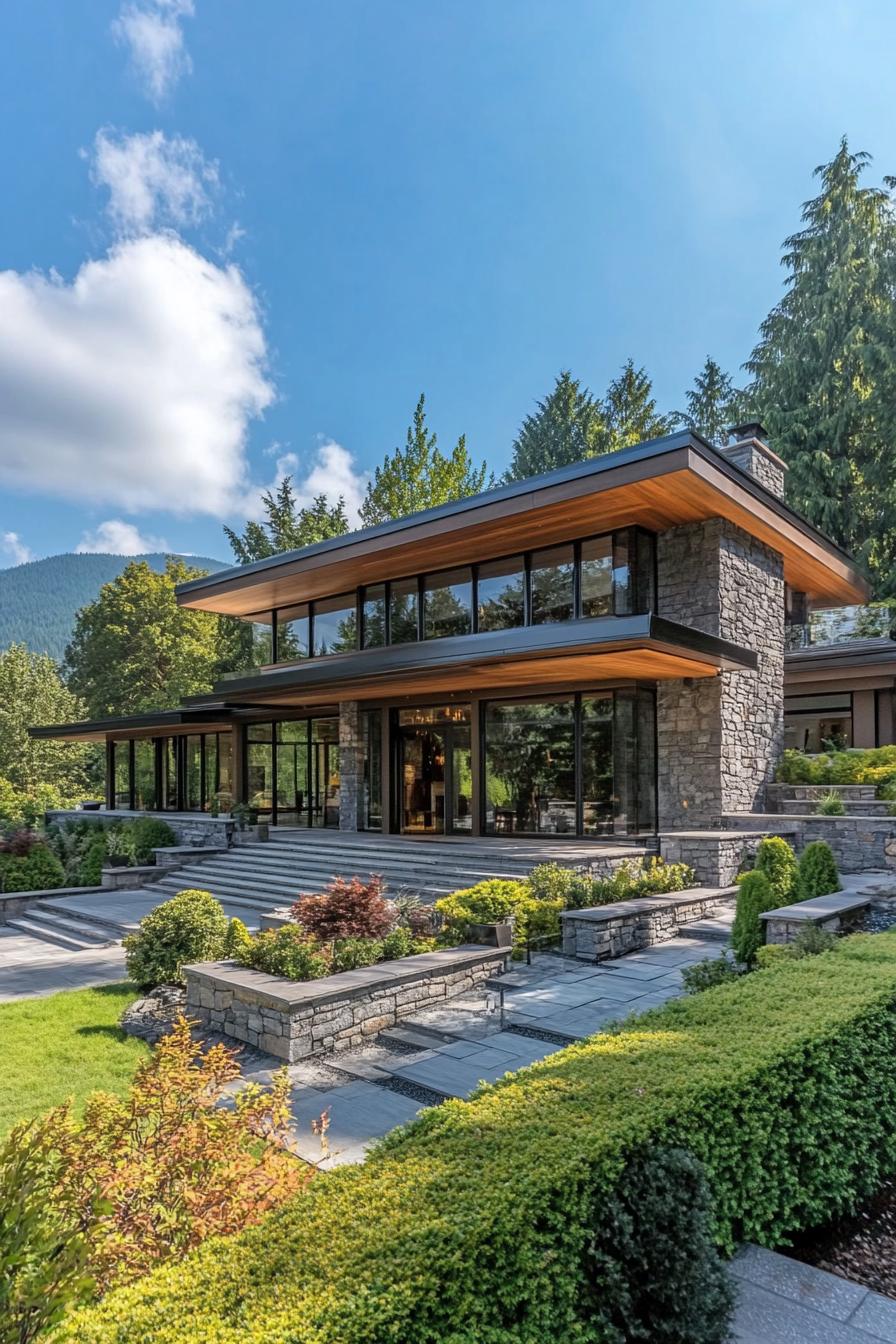 Modern stone house with lush garden