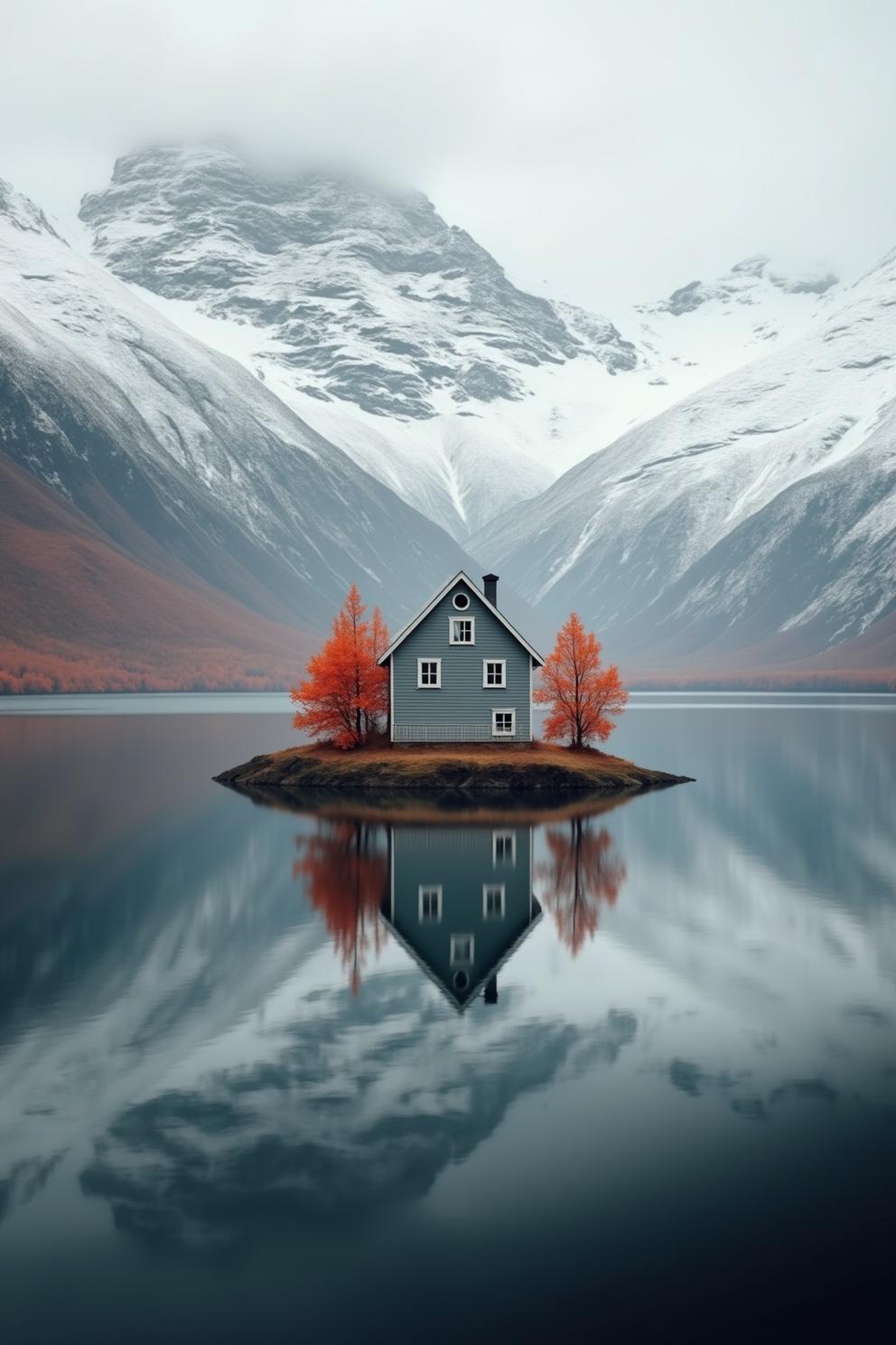 Charming cabin on a tiny island surrounded by mountains and snow