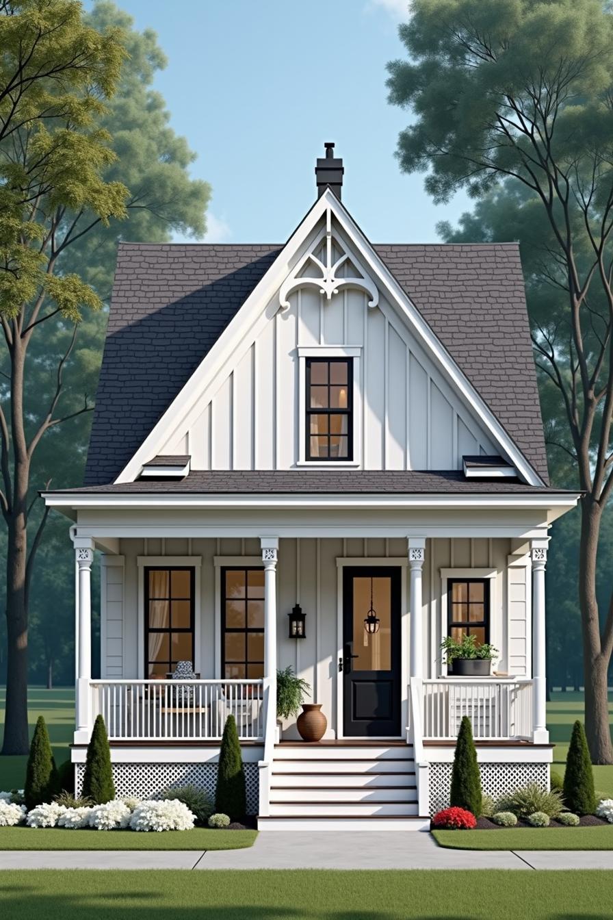 Quaint white house with a steep roof and cozy porch