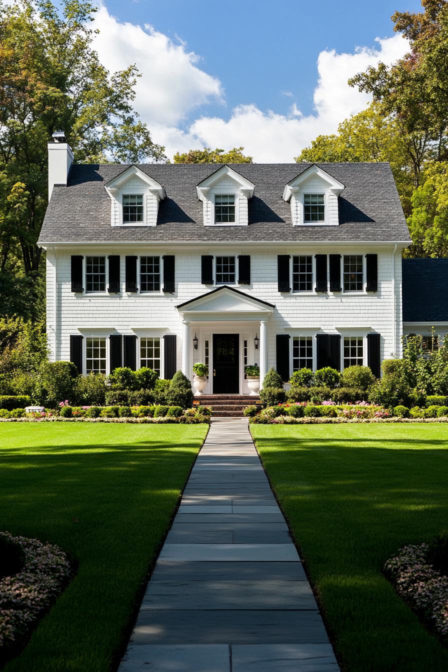 Large white house with dark shutters and pristine lawns