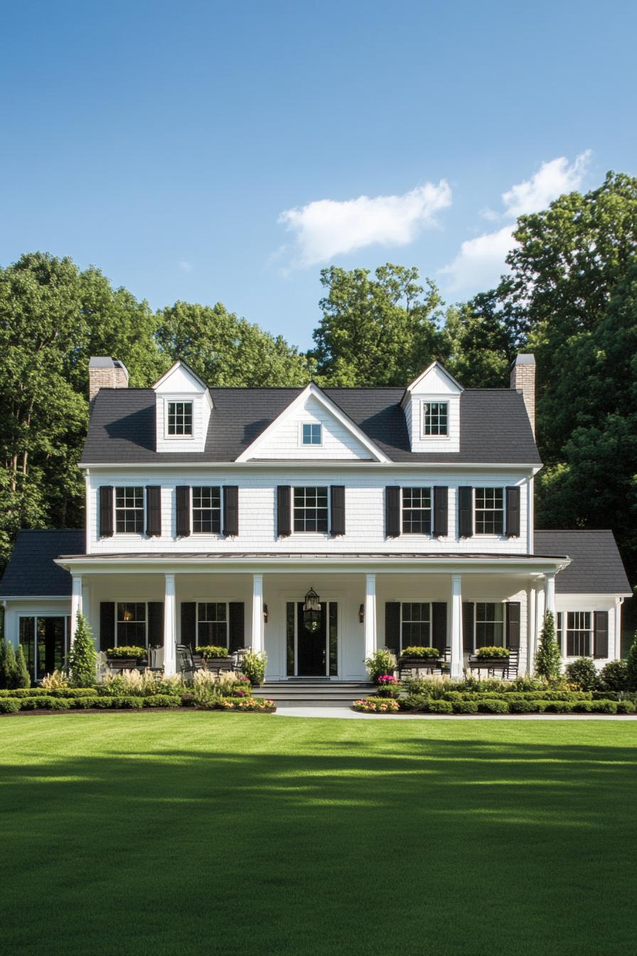 Elegant white house with large porch nestled among trees