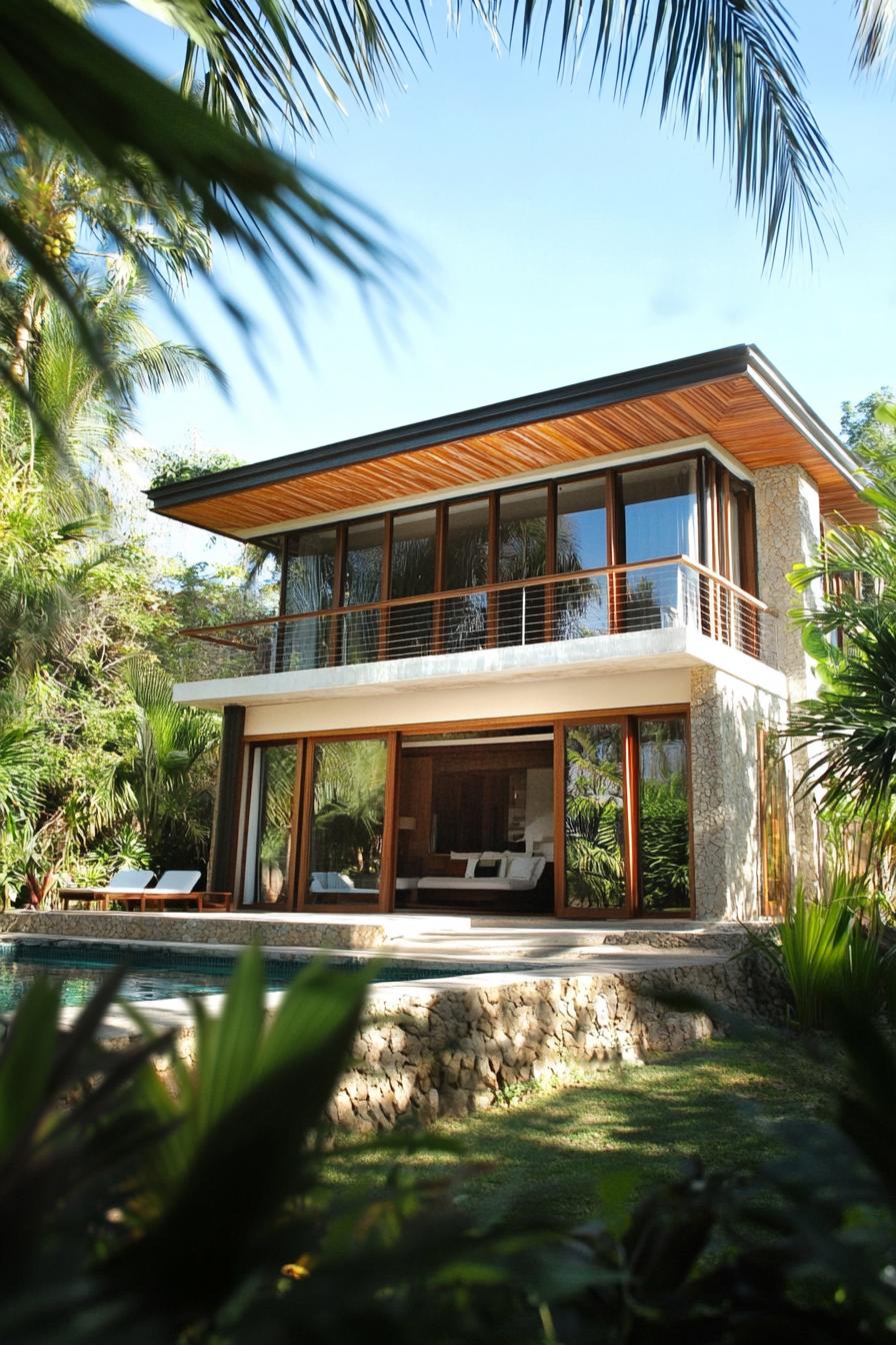 Modern tropical villa surrounded by lush greenery