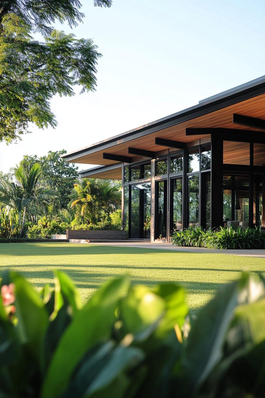 Modern house with glass facade surrounded by lush greenery