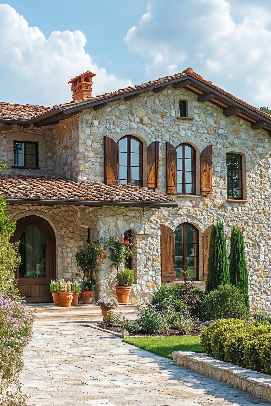 Rustic Italian farmhouse with stone facade and wooden shutters