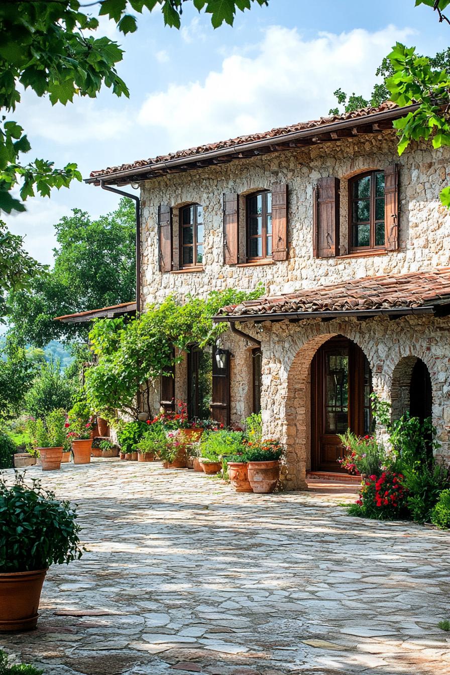 Charming stone farmhouse with lush greenery