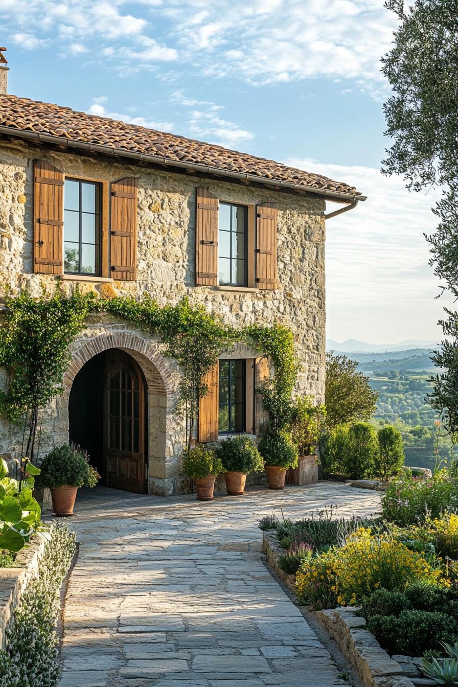 Old stone farmhouse with wooden shutters and lush plants