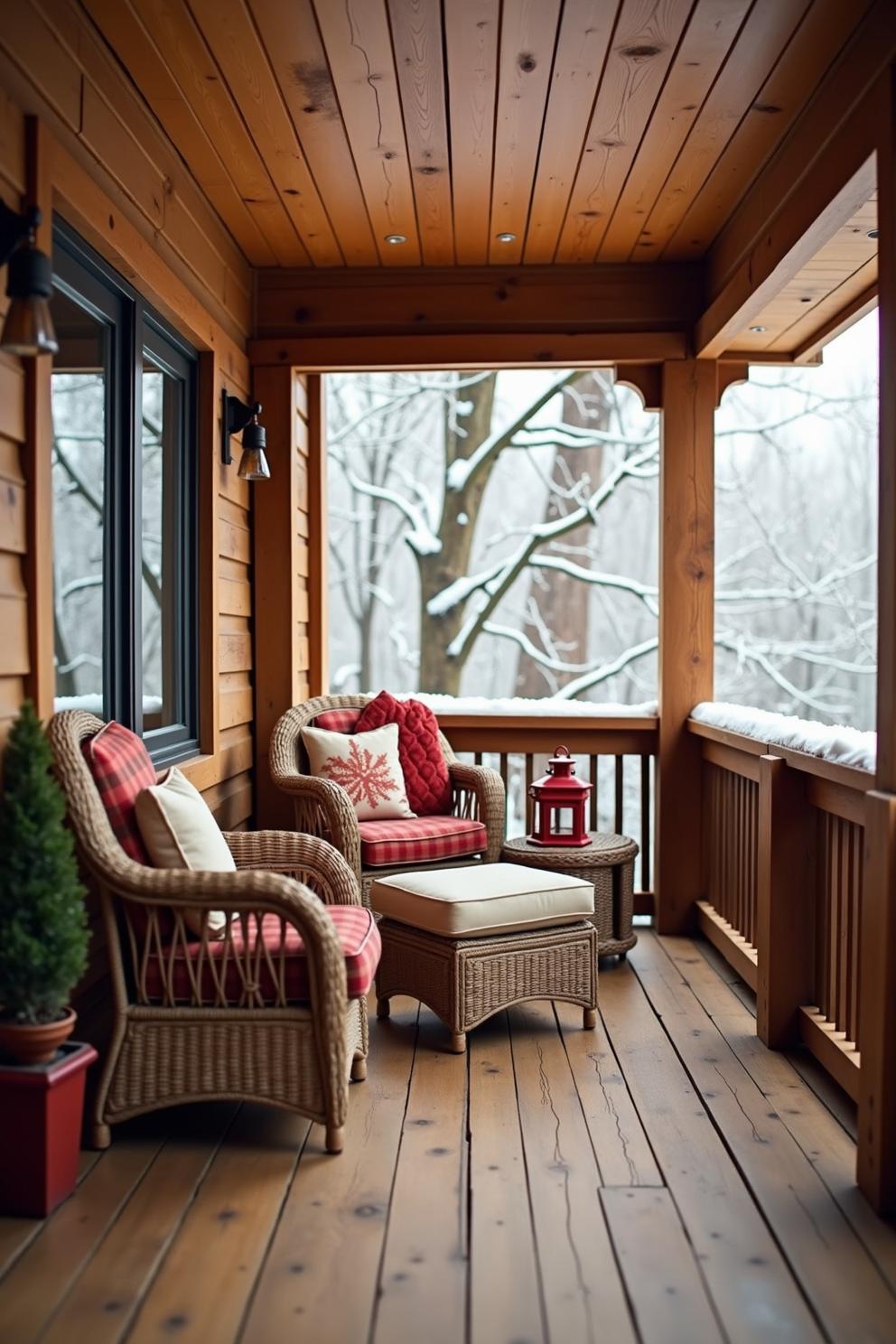 Cozy porch with wicker chairs and snowy view