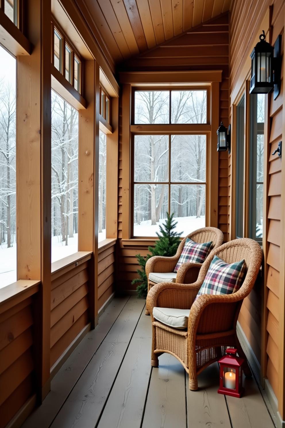 Rustic cabin porch with wicker chairs and snowy forest view