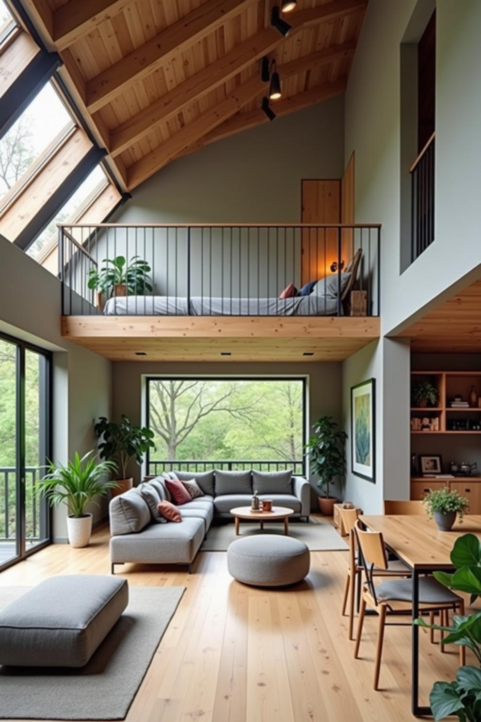 Cozy loft with large windows, wooden accents, and greenery