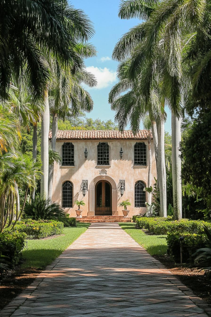 A stately house framed by tall palm trees