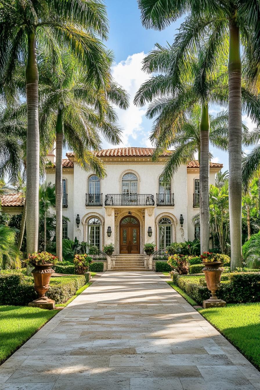 Elegant colonial-style house with tall palm trees