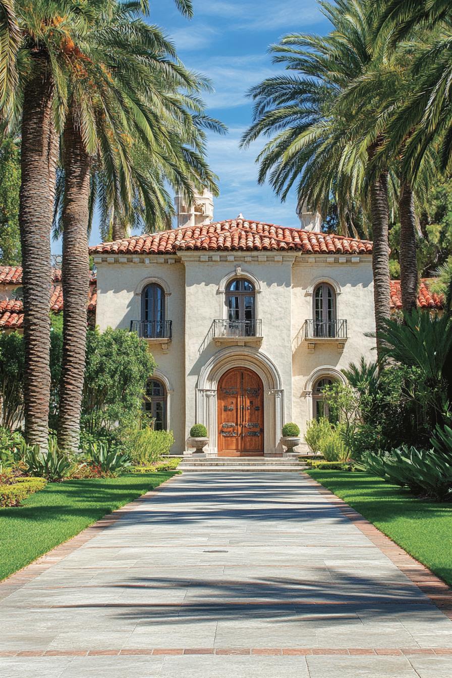 Grand home with arched wooden door and palm trees