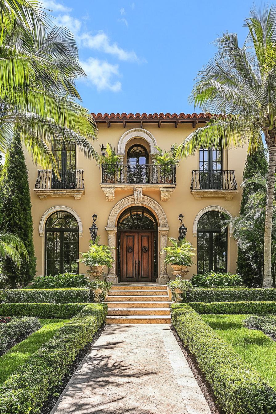 Elegant two-story house with palm trees and lush greenery