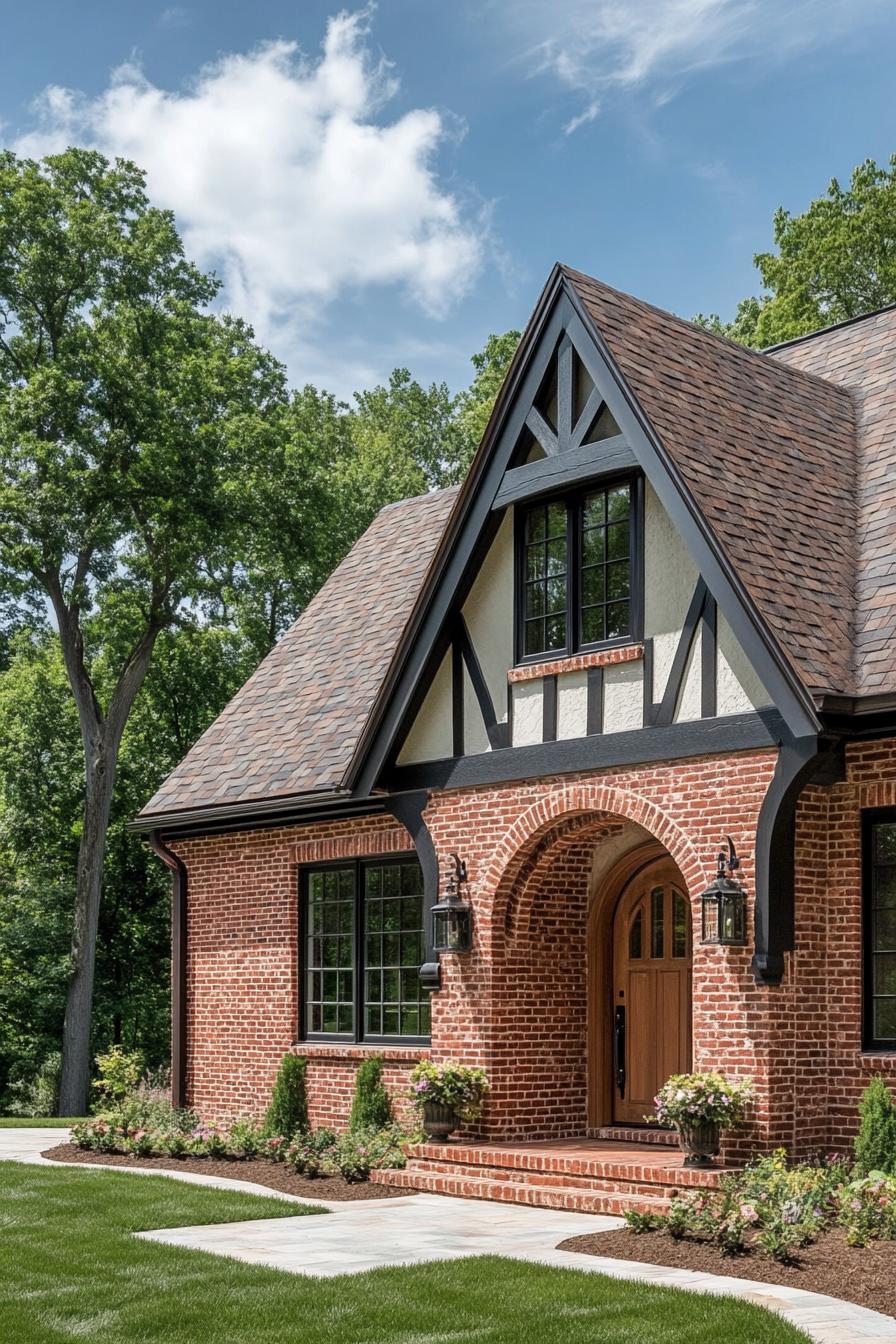 Red brick house with steep gables and arched wooden door