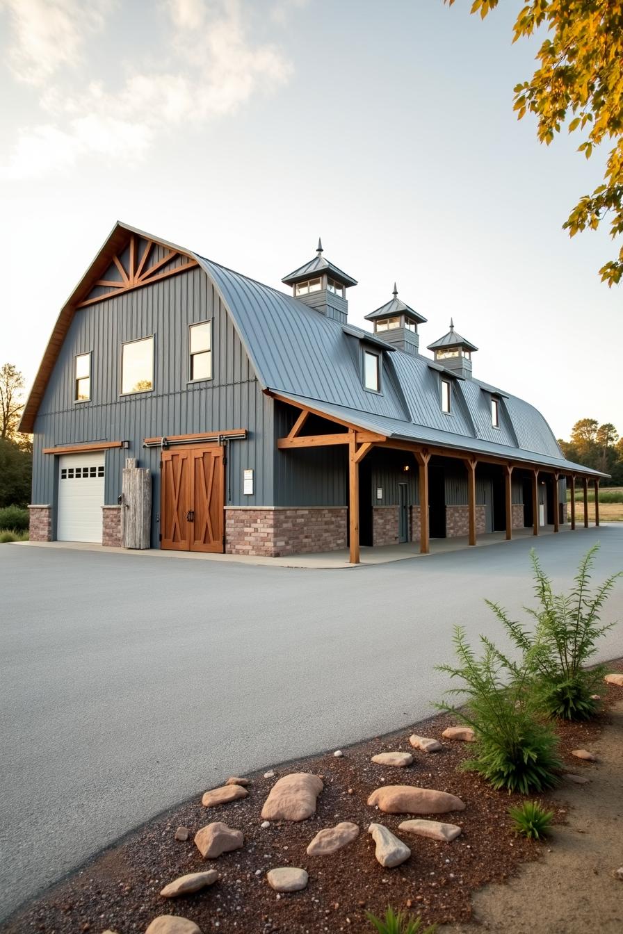 Stylish barn-style house with garage and cupolas