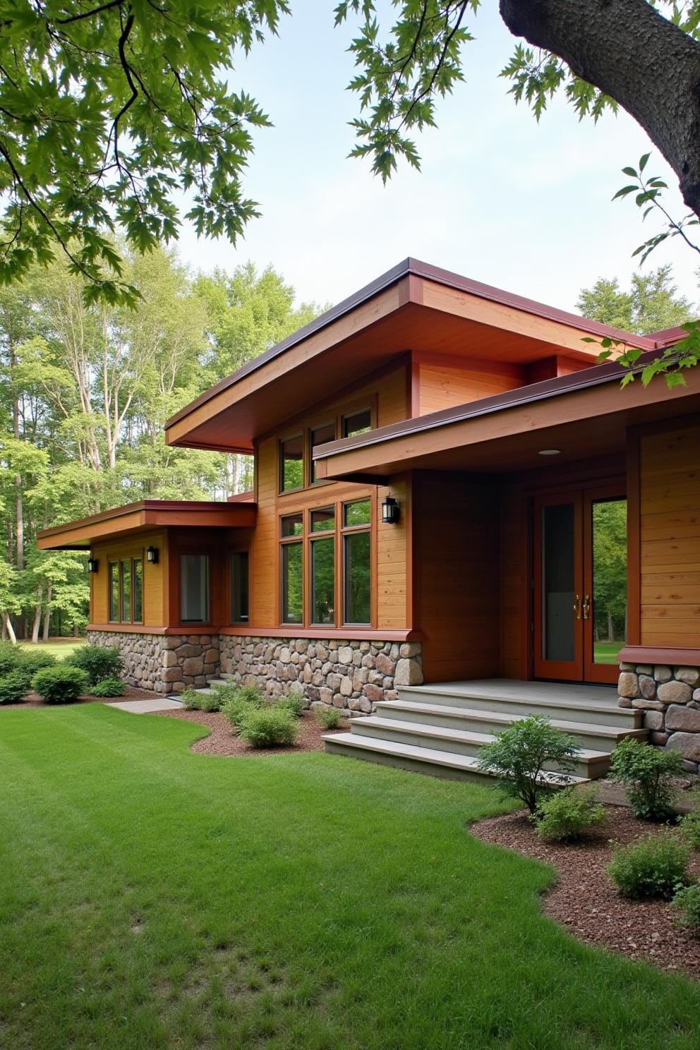 Modern ranch home with stone and wood exterior