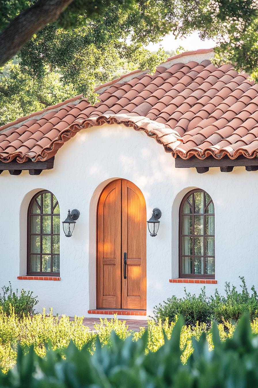 Cozy white bungalow with a terracotta roof and arched wooden door