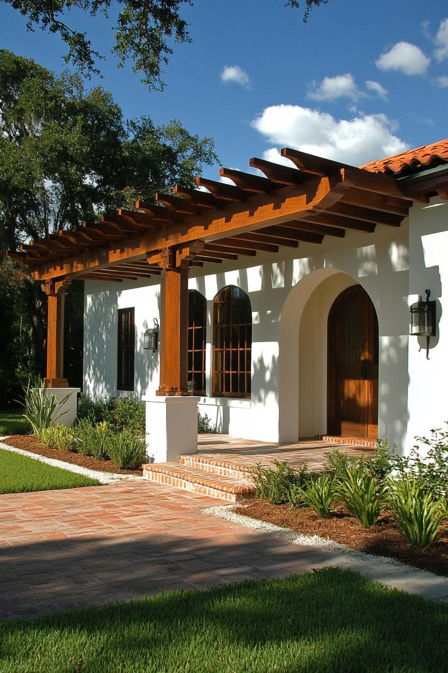 Modern bungalow with wooden pergola and lush garden