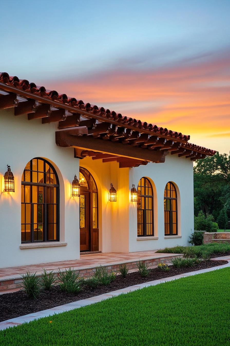 Modern bungalow with warm lighting and sunset sky