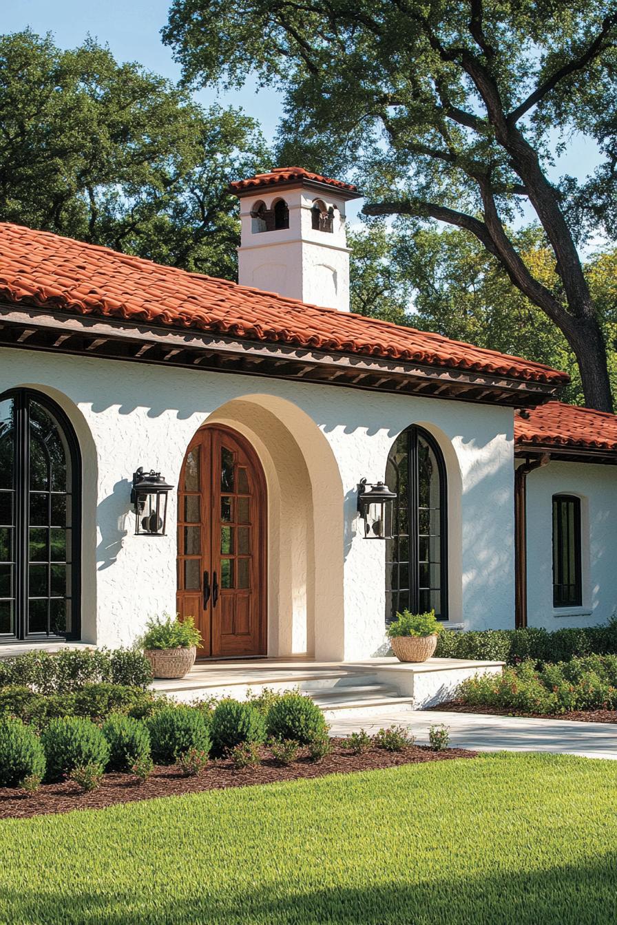 Modern bungalow with a red tile roof and archway