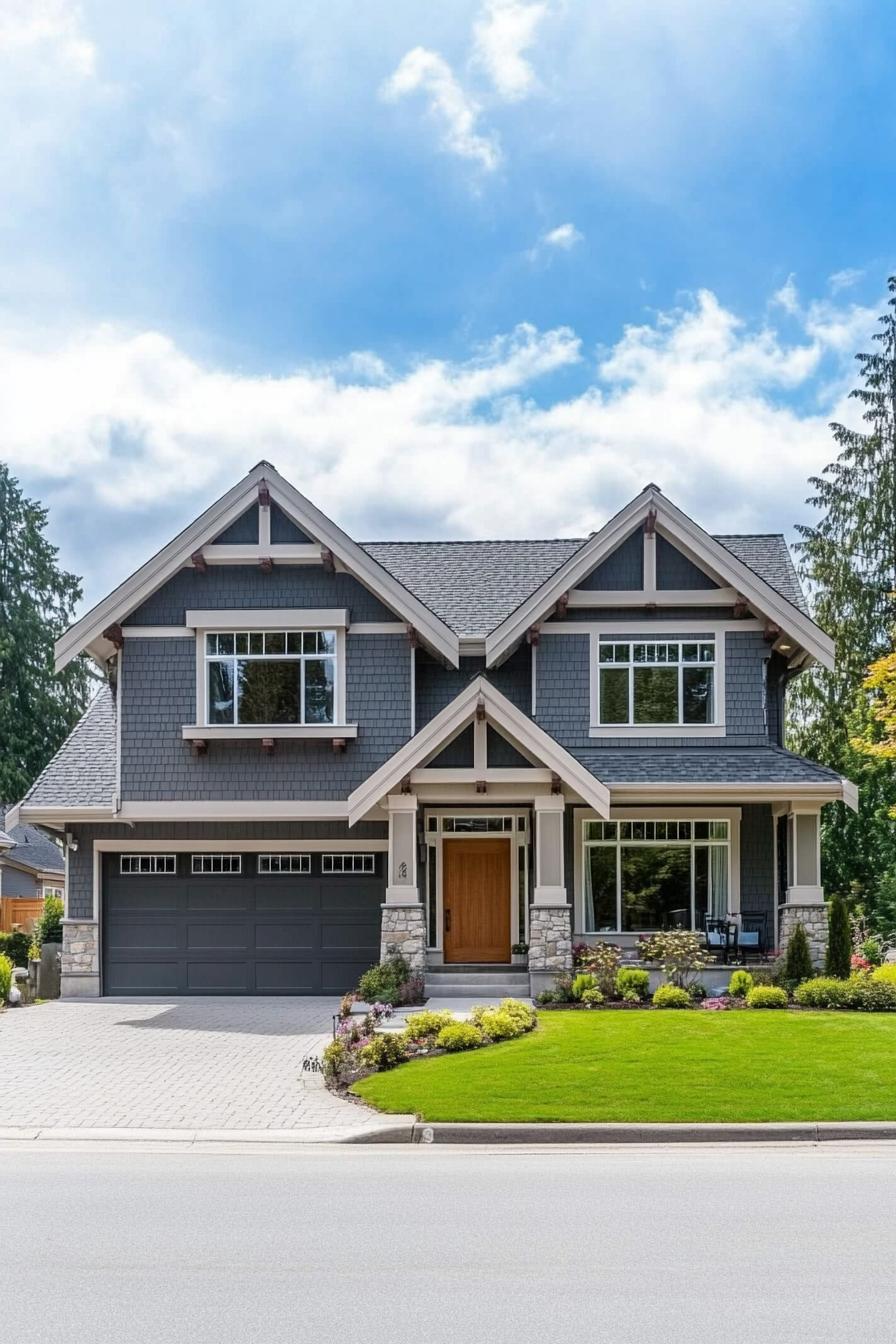 Gray house with gables and a bright wooden door, set against a vibrant lawn