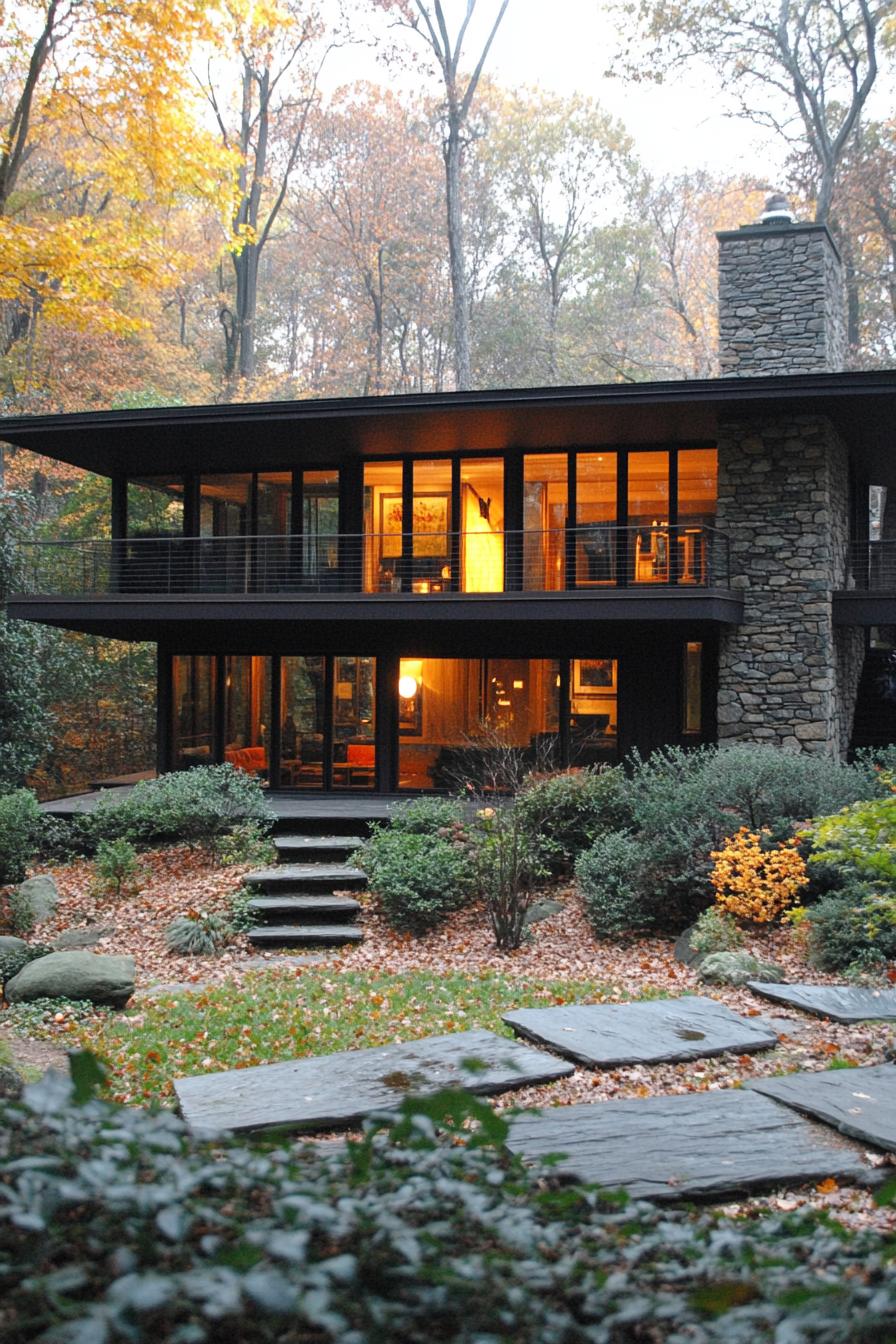 Modern home with large windows surrounded by autumn trees