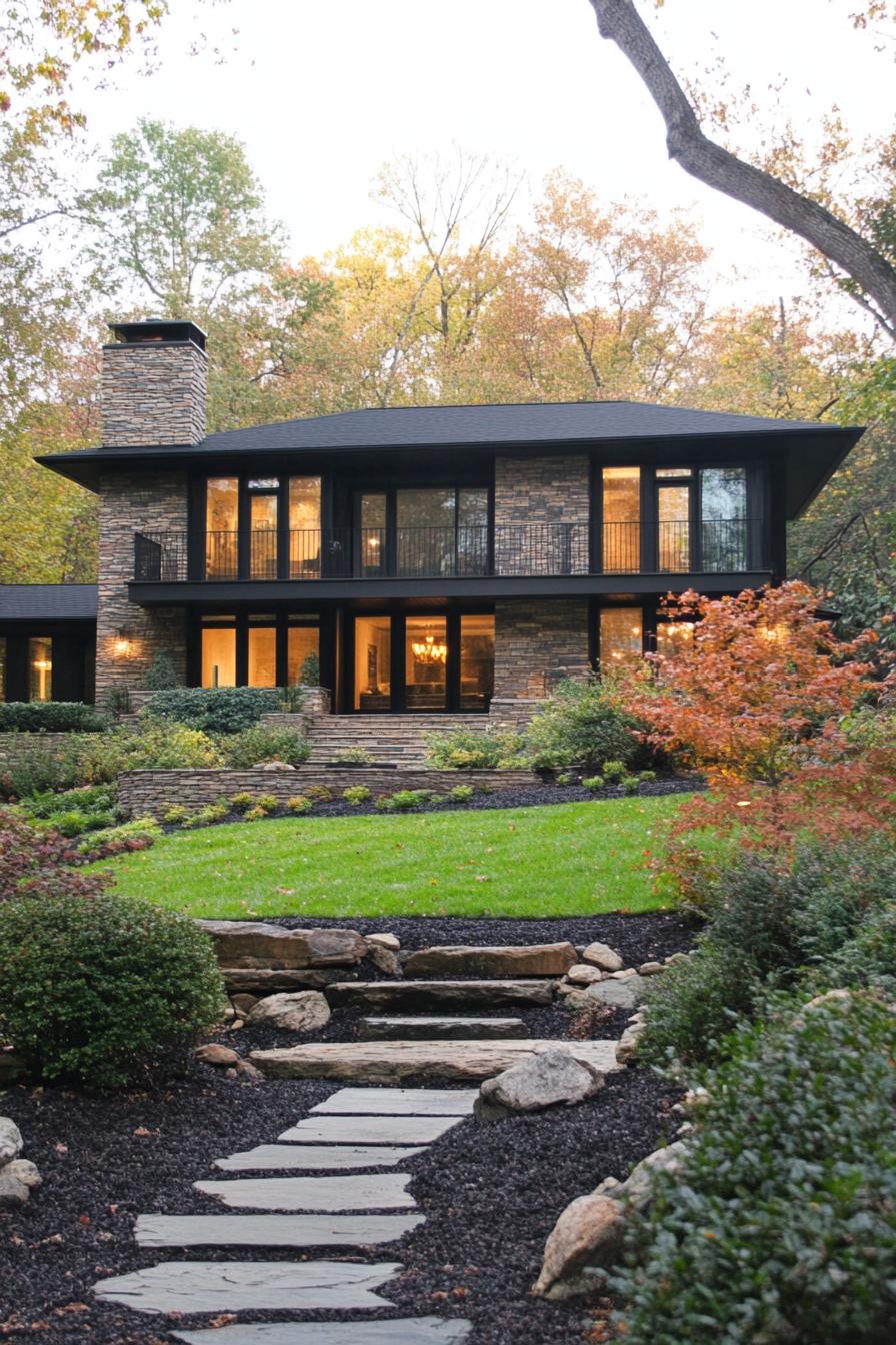 Modern stone house with lush garden