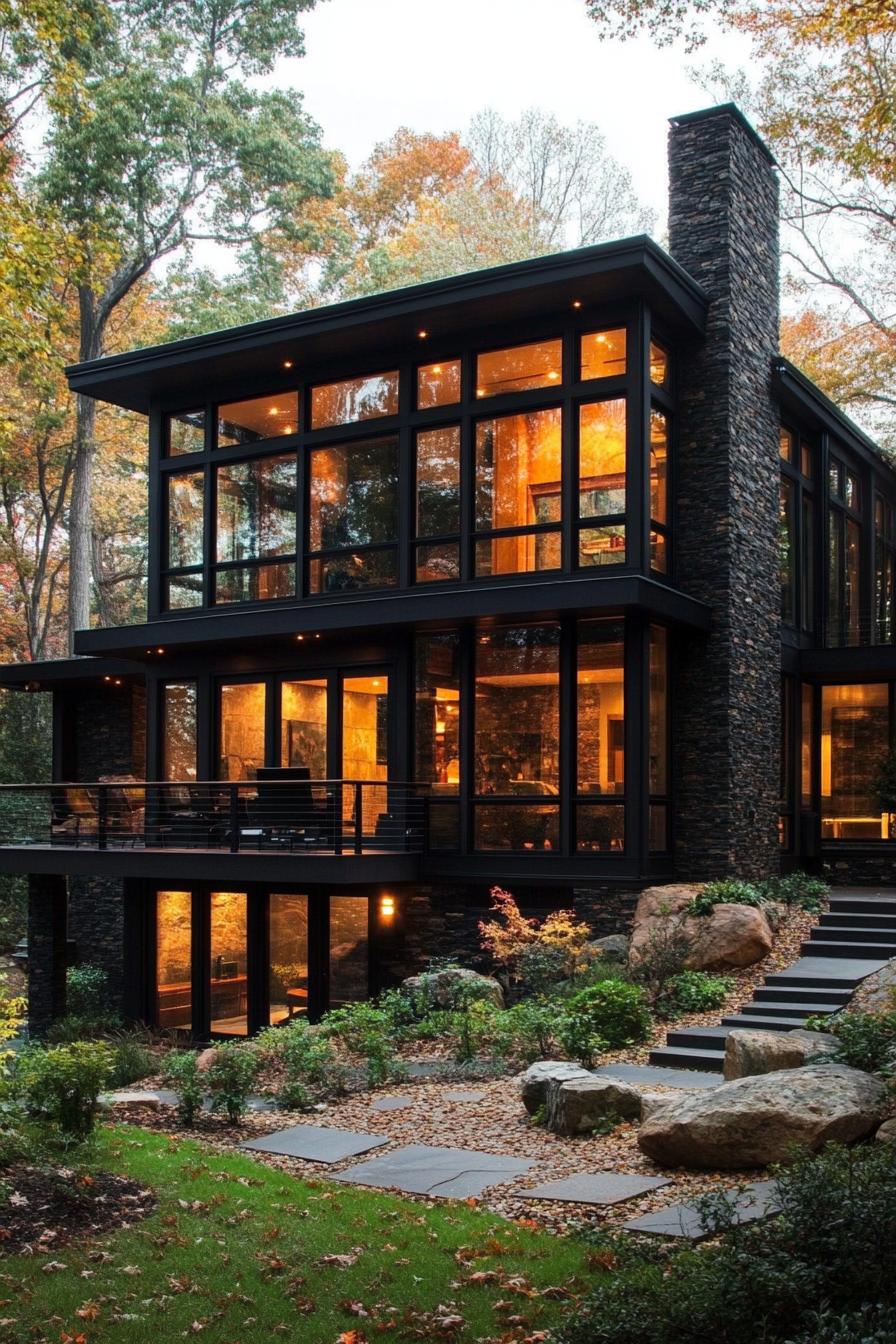 Modern house with large windows surrounded by nature