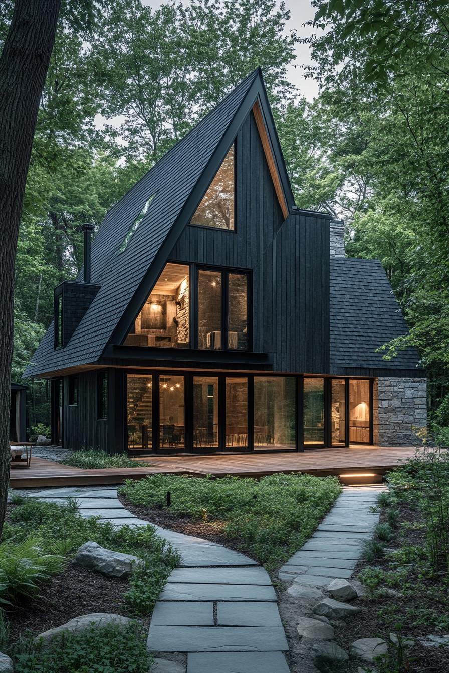 A-frame cottage nestled in a forest with large windows