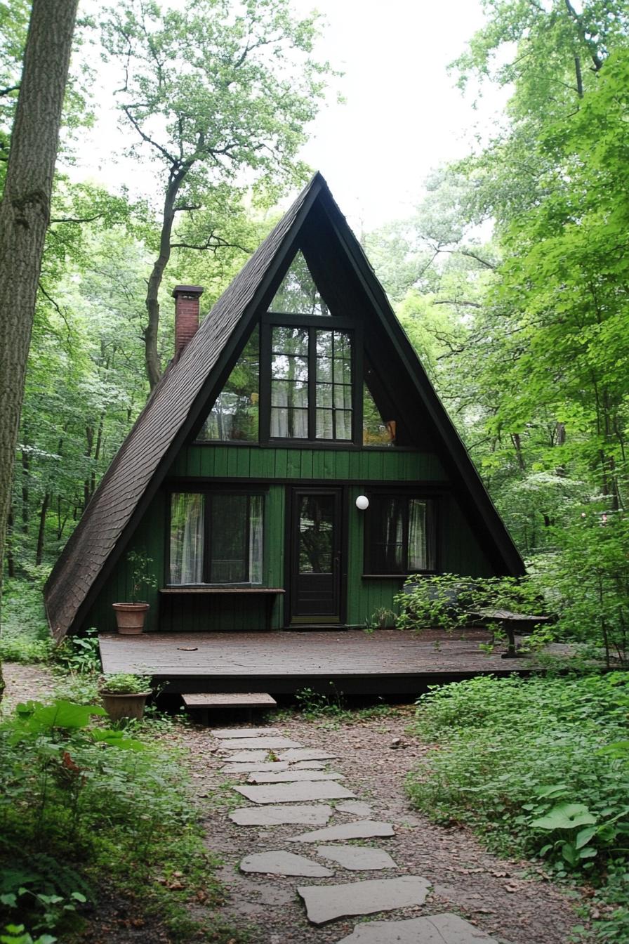 Cozy green A-frame cabin nestled among tall trees