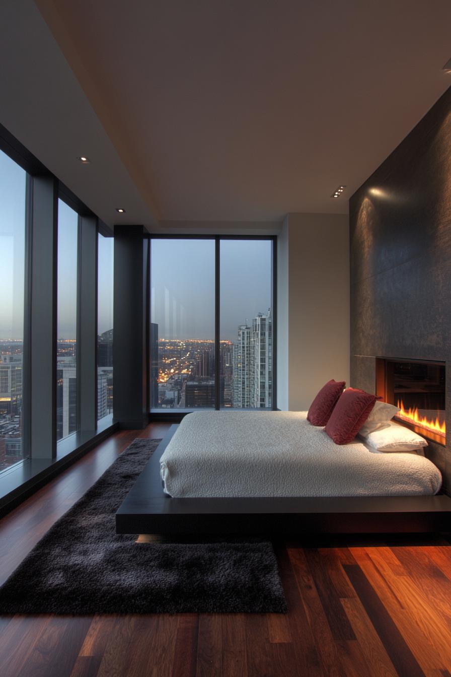 Modern penthouse bedroom with city view