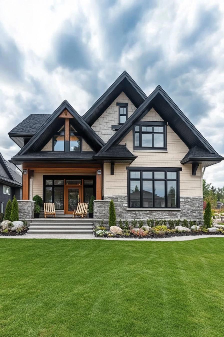 Modern suburban house with a stone and wood facade