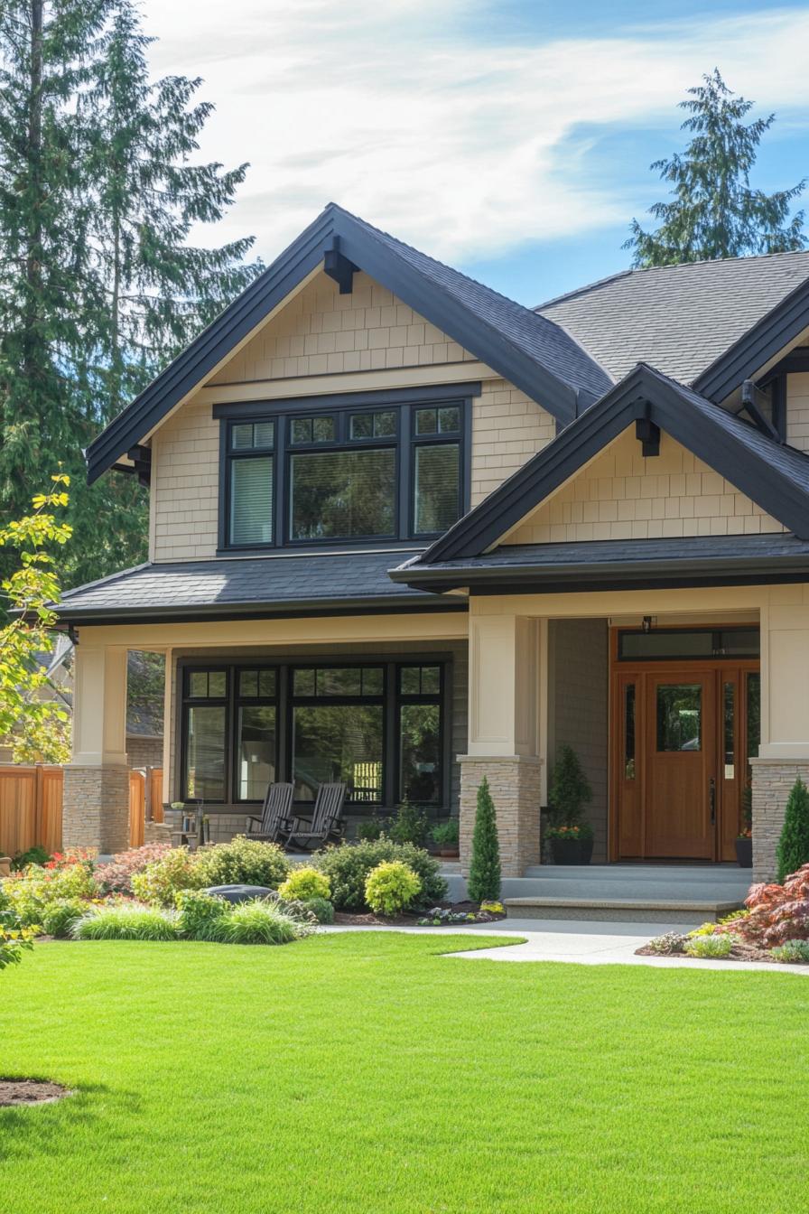 Modern suburban house with manicured lawn and inviting porch