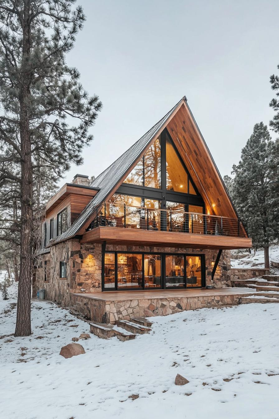 A-Frame house with large windows amidst snowy trees