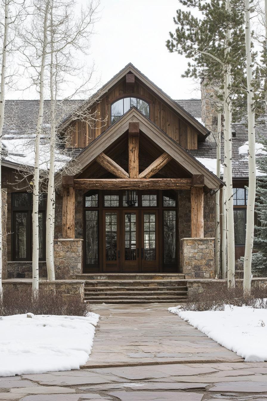 Cozy wooden chalet with snowy landscape