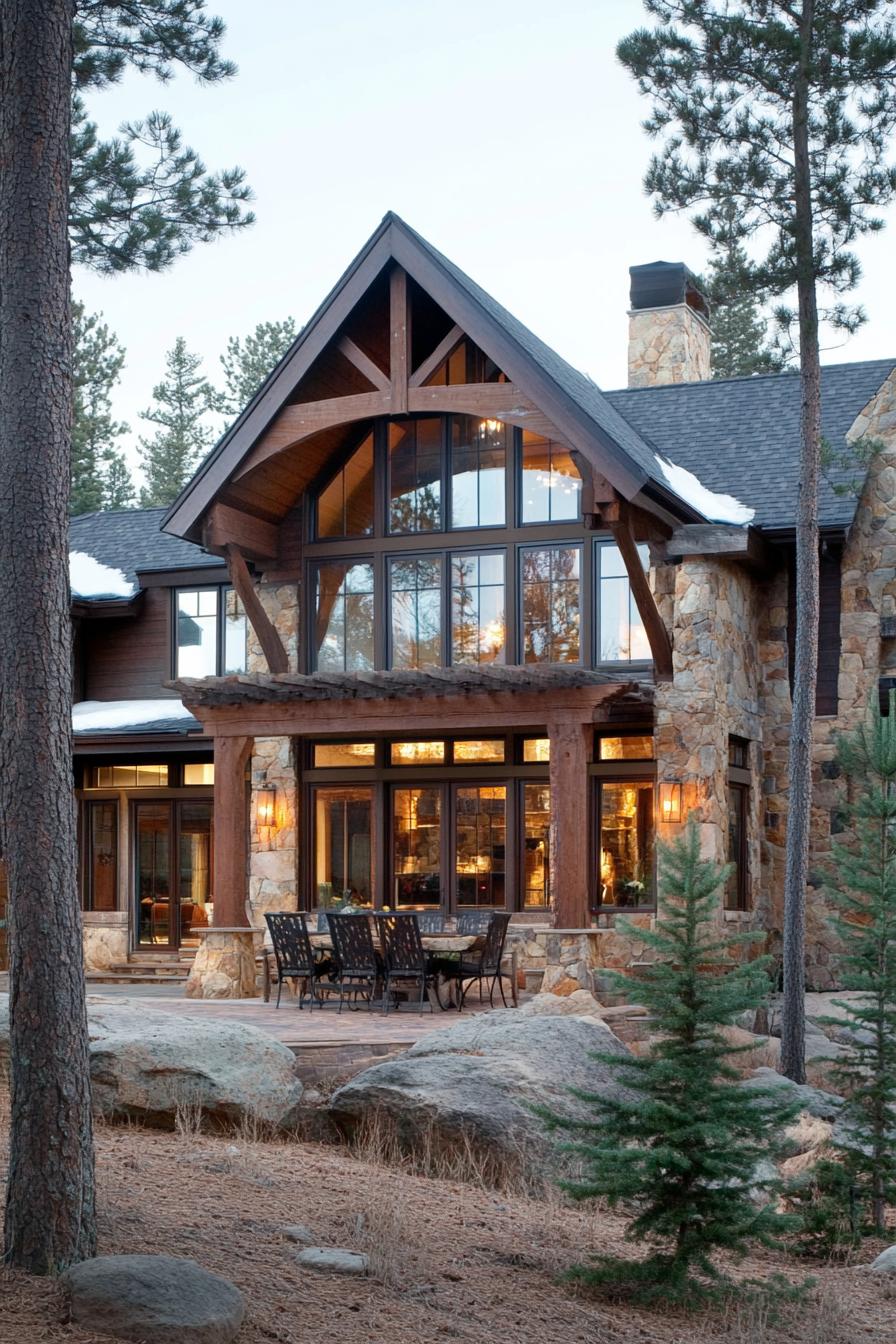 Rustic stone and wood cabin surrounded by tall pines