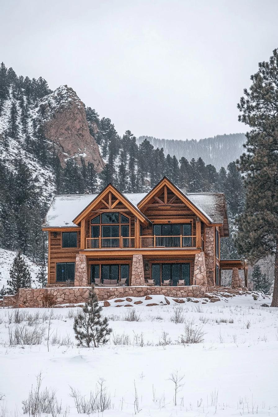 Charming mountain cabin surrounded by snow and trees